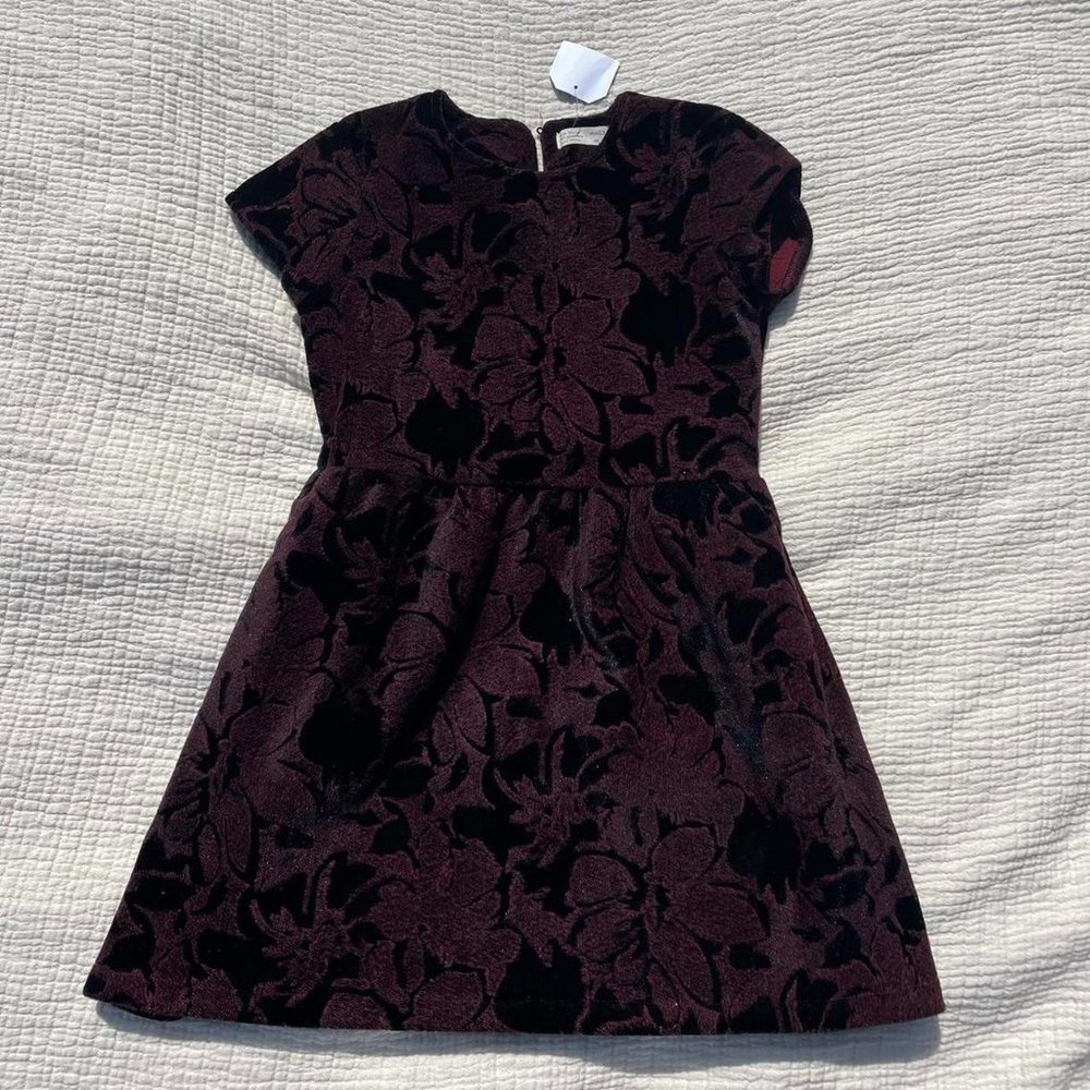 black and maroon velvet dress with floral pattern